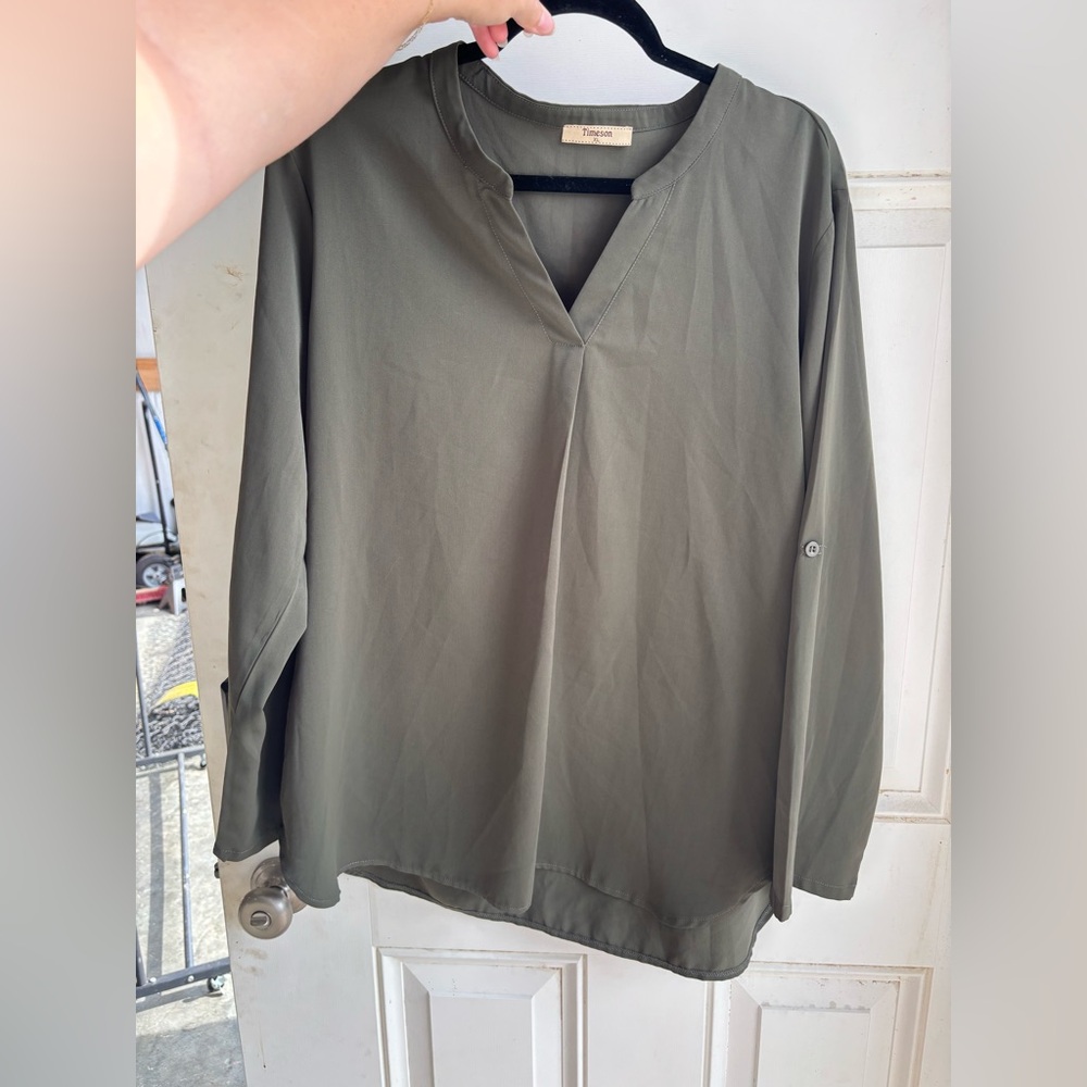 Army Green V-Neck Blouse